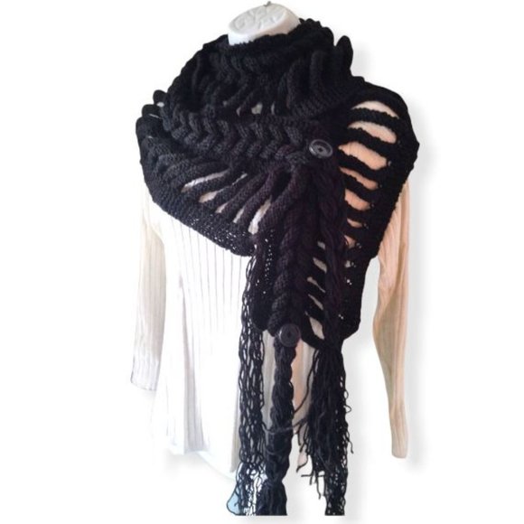 New Handmade distressed braided knit scarf with fringes, black - Picture 2 of 6